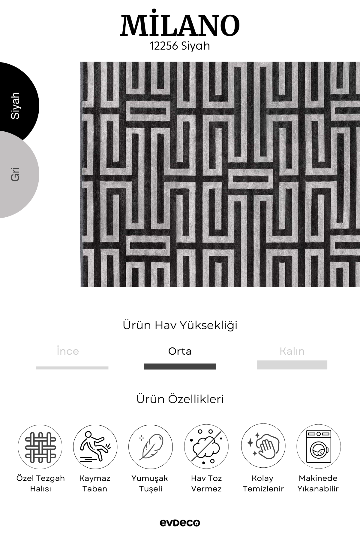 Evdeco Milano Geometric Patterned Black Living Room Carpet