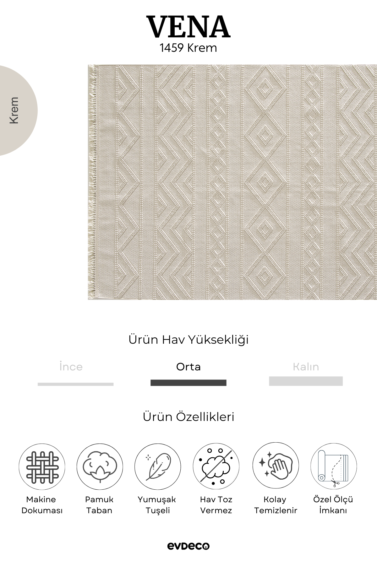 Seka Halı Vena 1459 Krem Yumuşak ve Parlak Tuşeli Kesme Halı