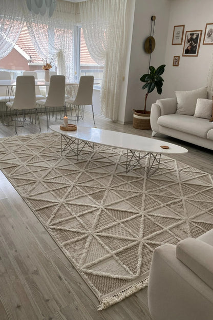 Seka Halı Molde 2201 Krem Etnik Desenli Modern Salon Halısı