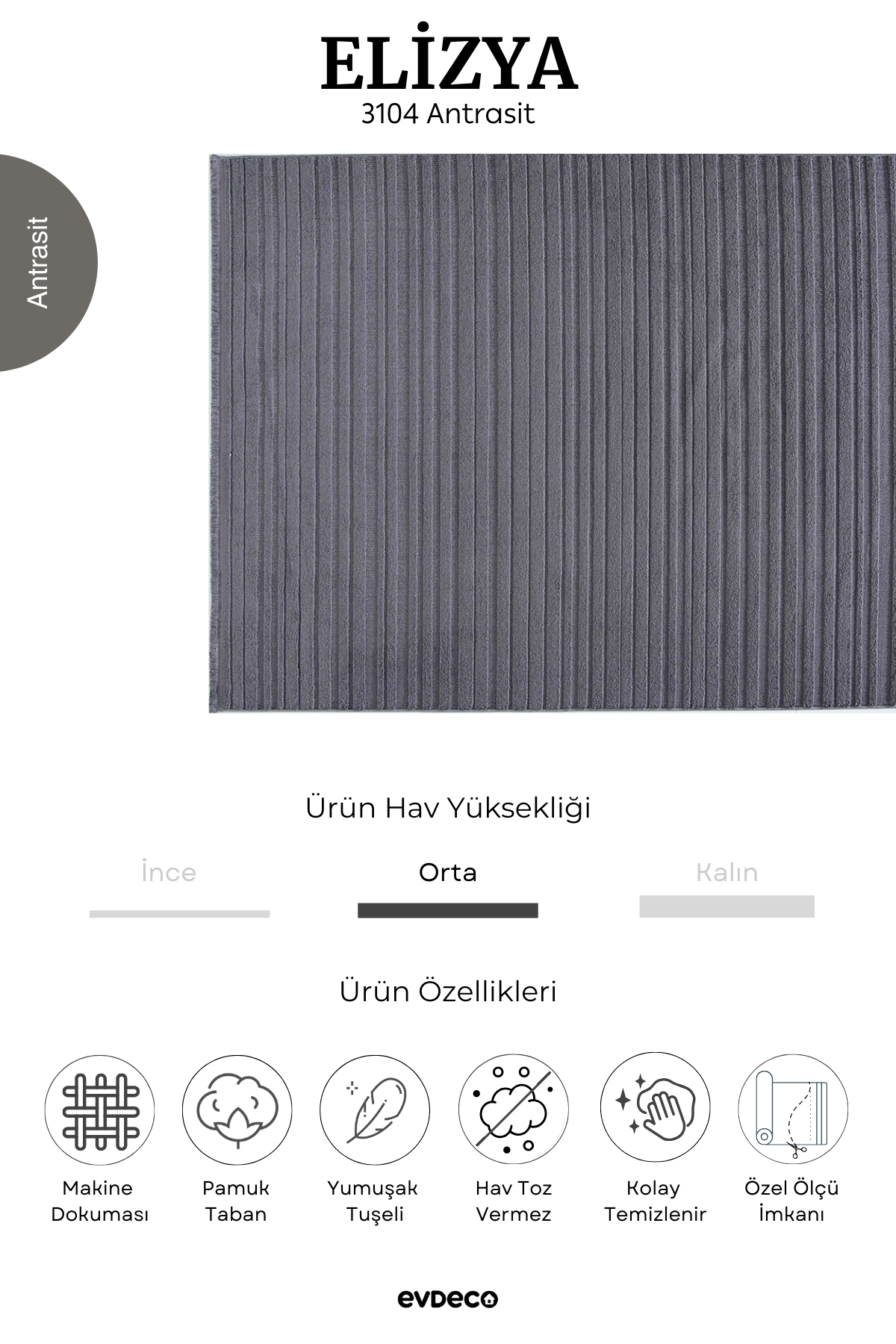 Seka Halı Elizya 3104 Antrasit Modern Kesme Yolluk Halı