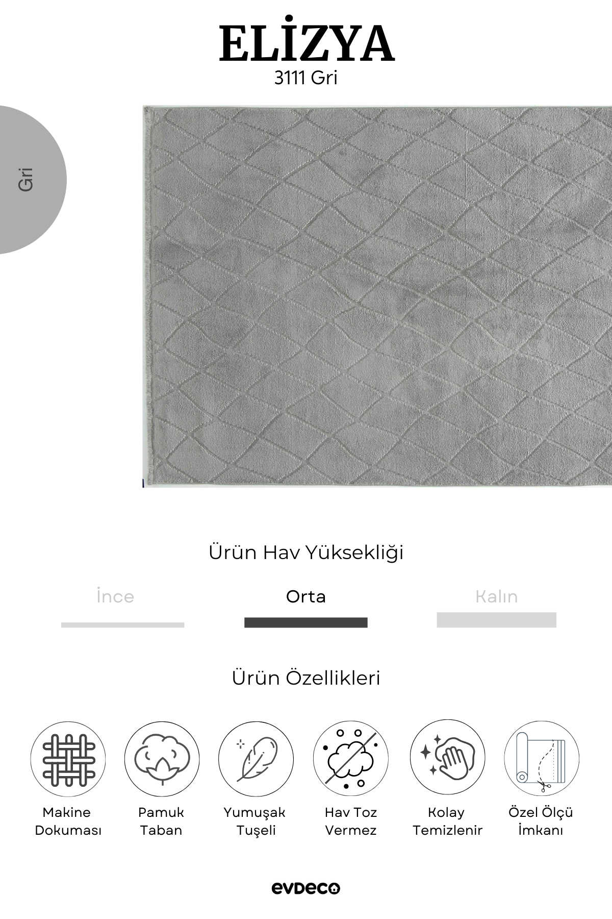 Seka Halı Elizya 3111 Gri Modern Kesme Yolluk Halı