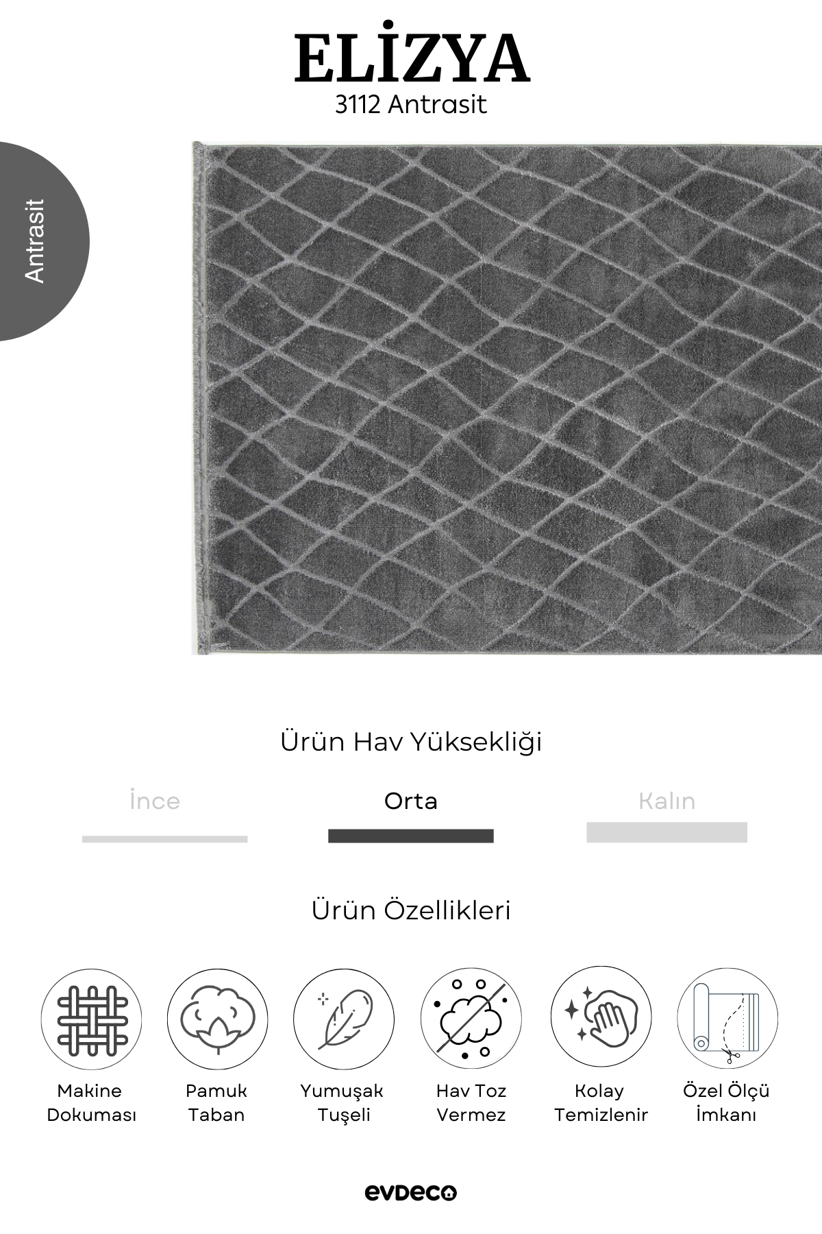 Seka Halı Elizya 3112 Antrasit Modern Kesme Yolluk Halı