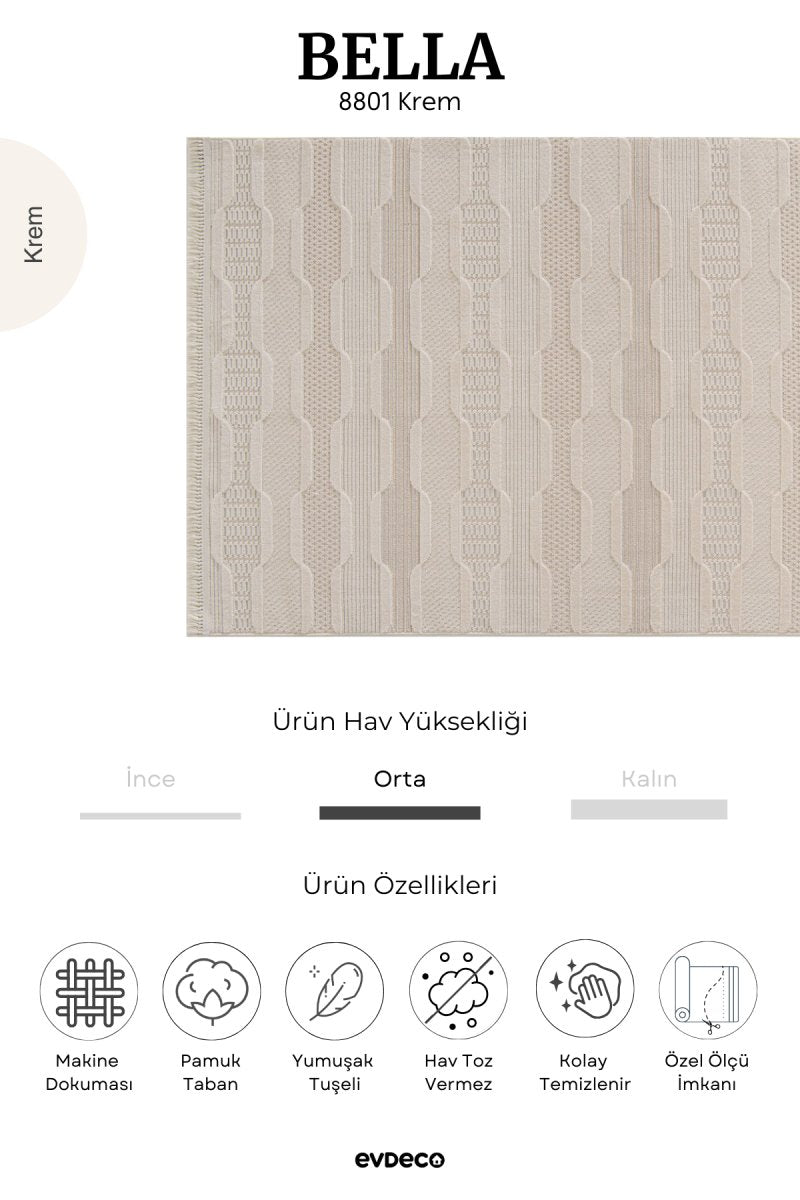 Evdeco Bella 8801 Krem İskandinav Leke Tutmaz Halı - Krem - Evdeco