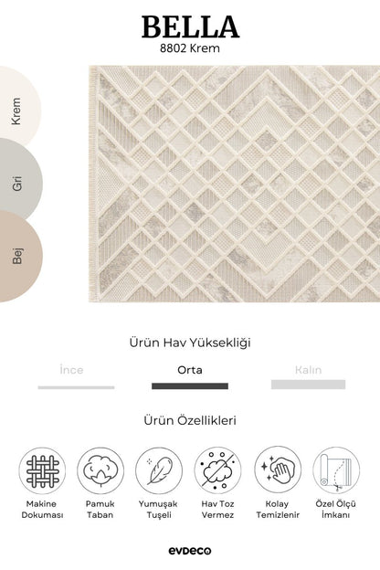 Evdeco Bella 8802 Krem Modern Kesme Salon Halısı - Krem - Evdeco