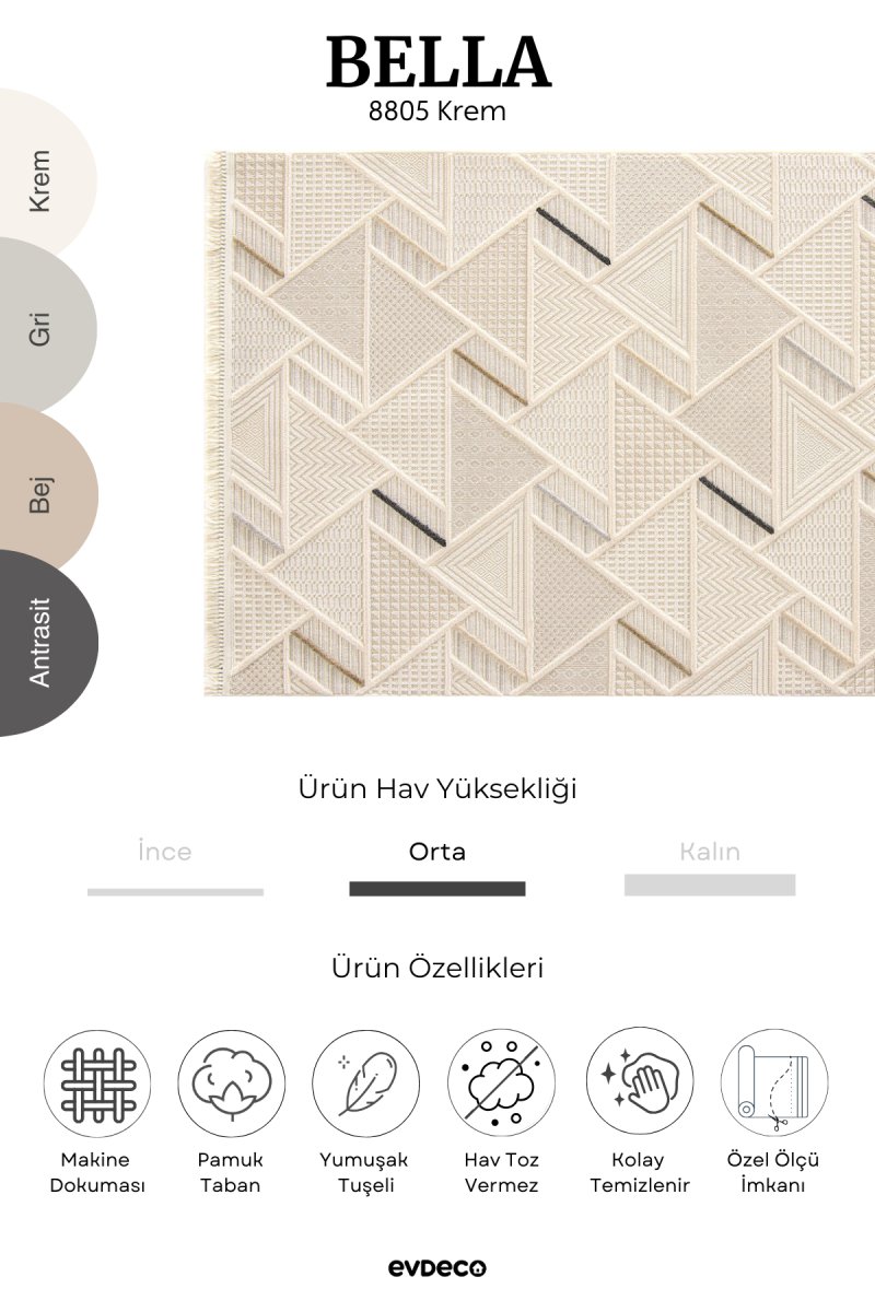 Evdeco Bella 8805 Krem Modern Kesme Salon Halısı - Krem - Evdeco