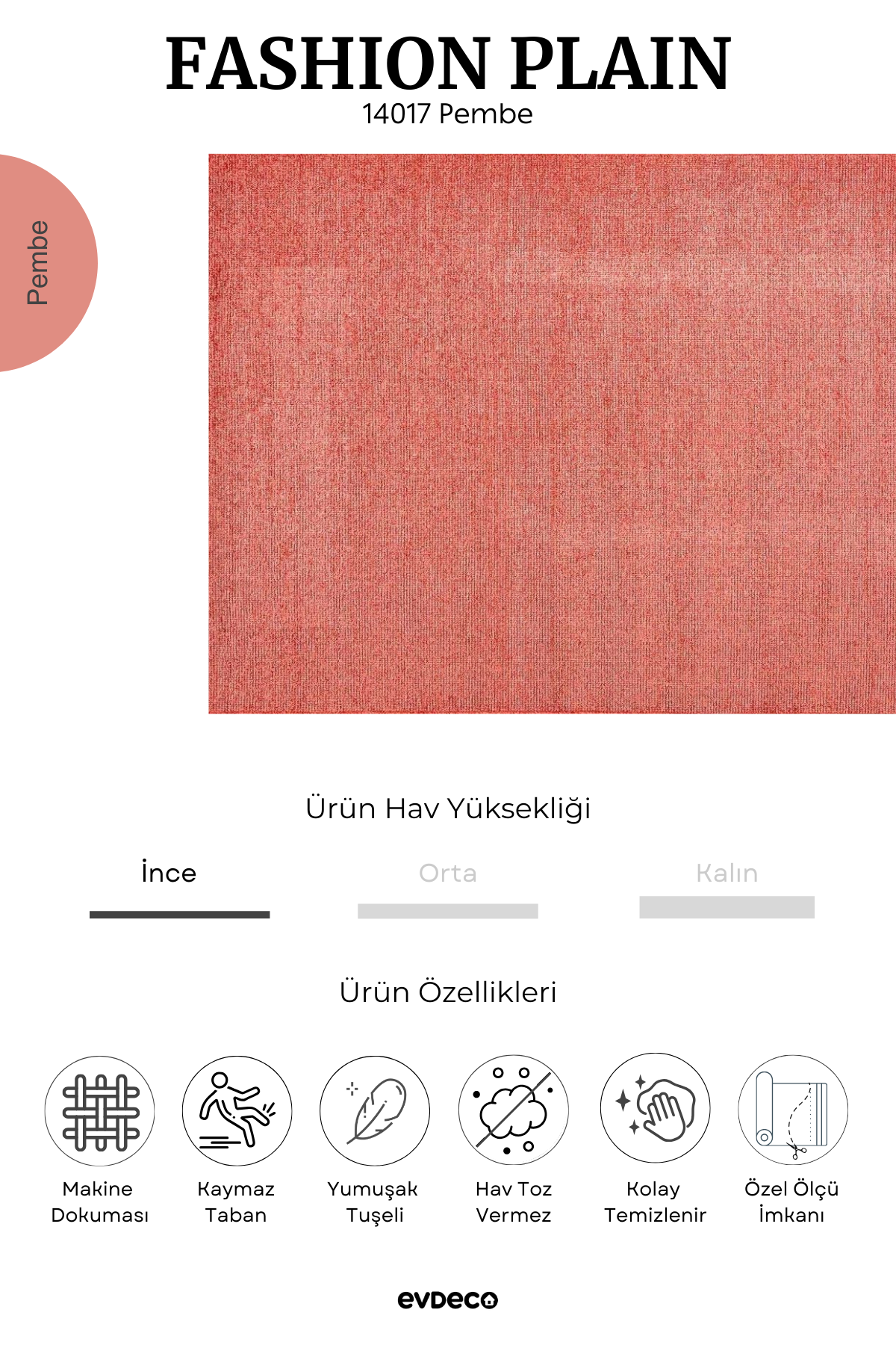 Seka Halı Fashion Plain Pembe Düz Dokuma Şönil Halı