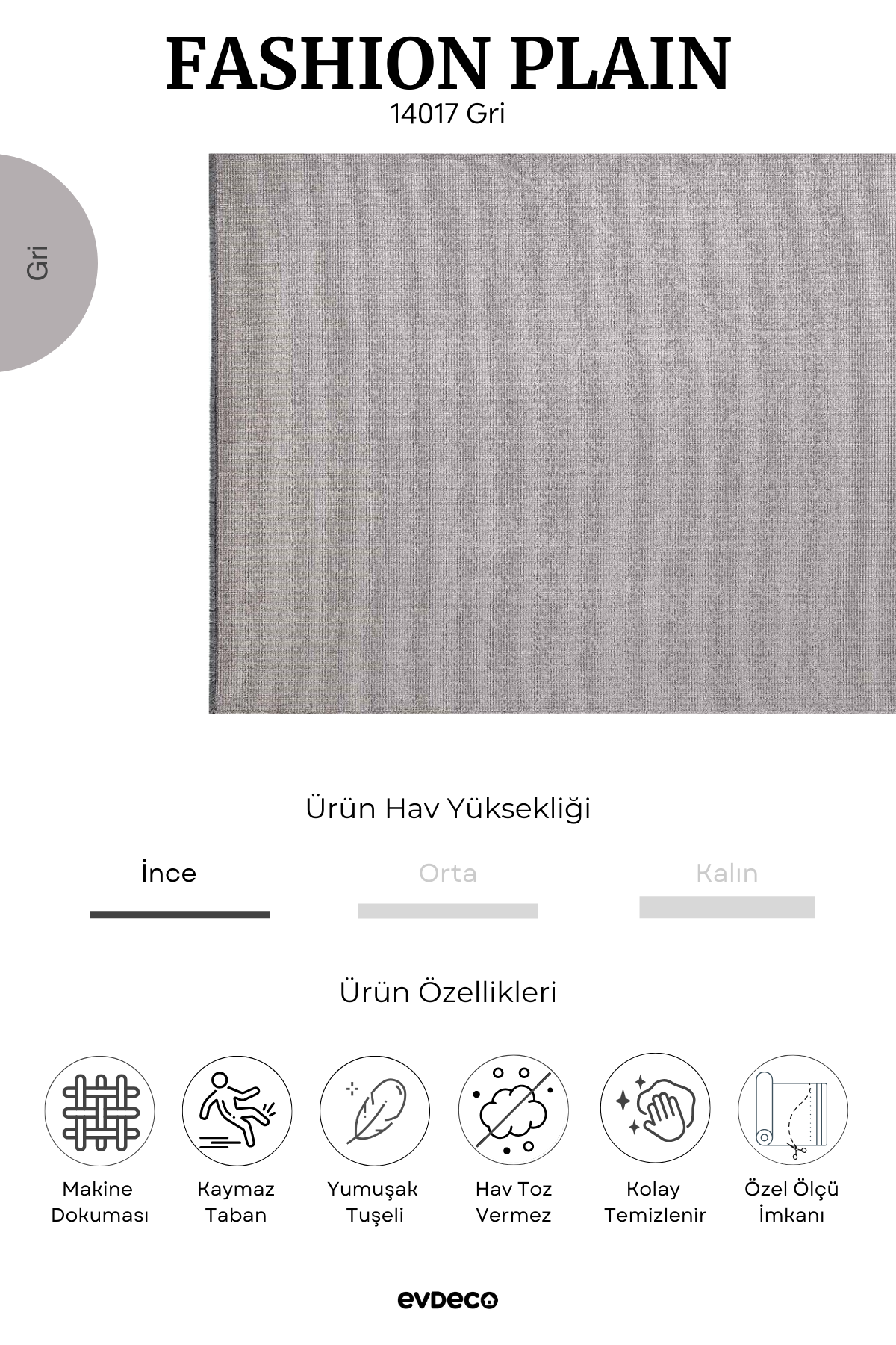 Seka Halı Fashion Plain Gri Düz Dokuma Şönil Halı