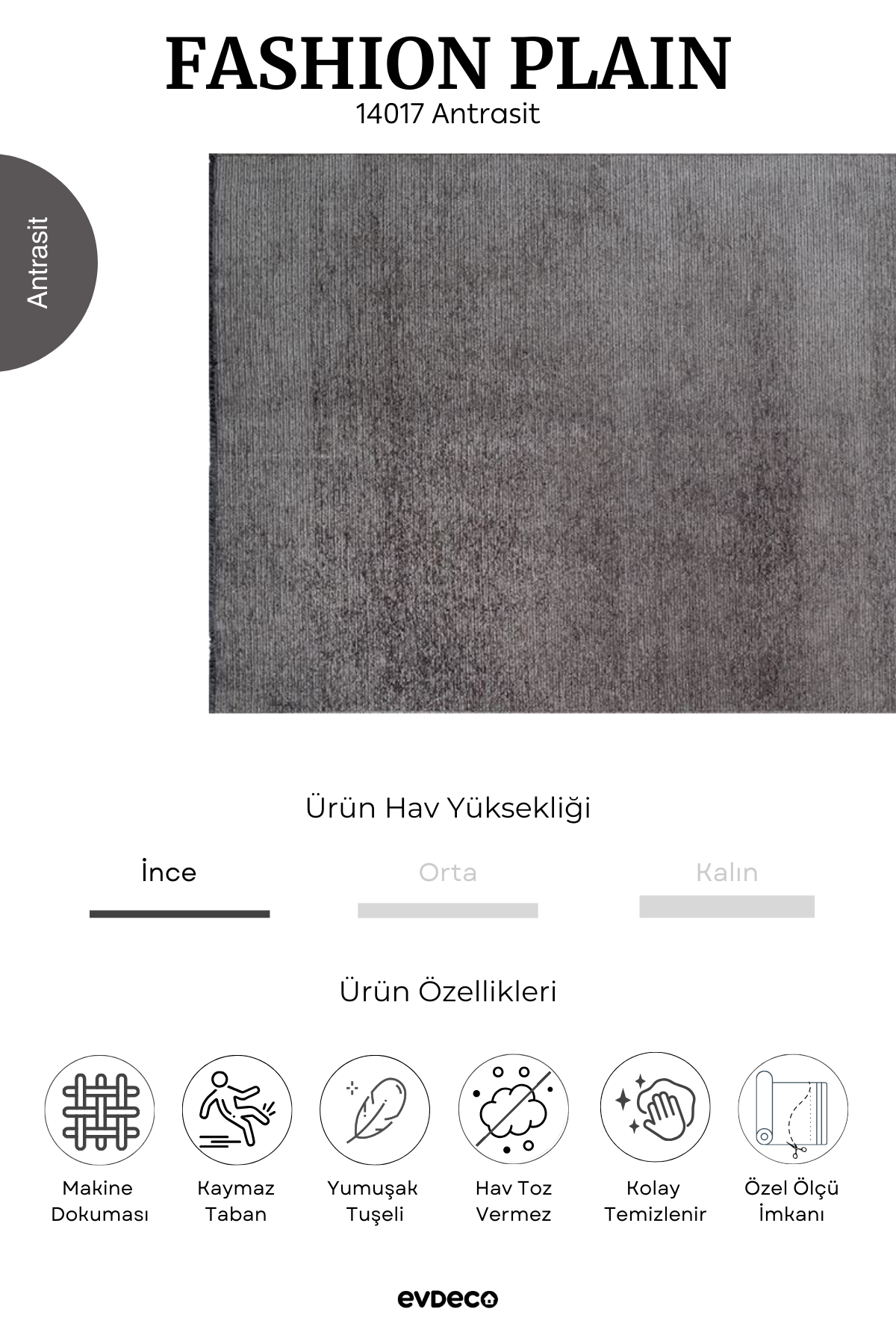 Seka Halı Fashion Plain Antrasit Düz Dokuma Şönil Halı