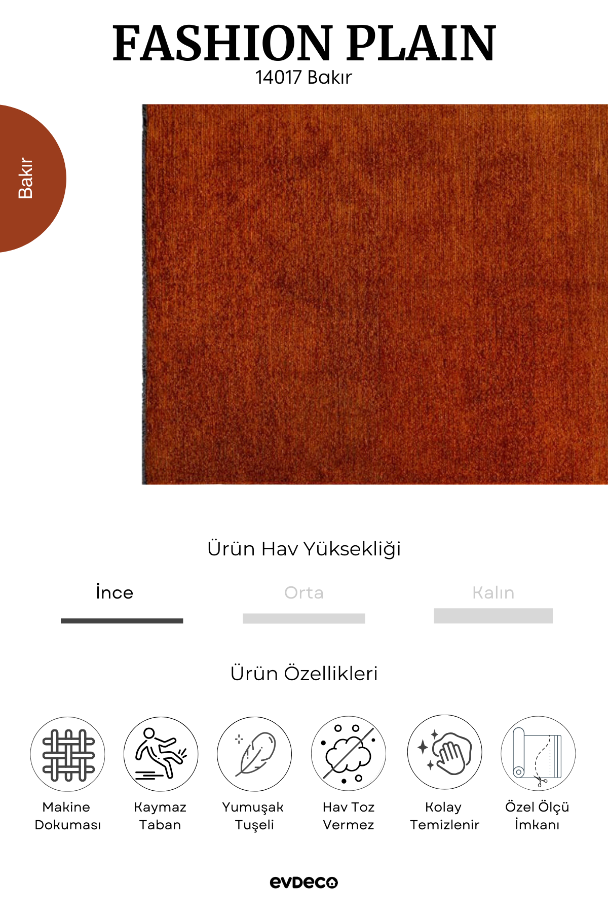 Seka Halı Fashion Plain Bakır Düz Dokuma Şönil Halı