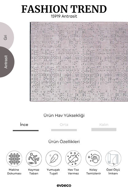 Evdeco Fashion Trend Antrasit Etnik Desenli Halı