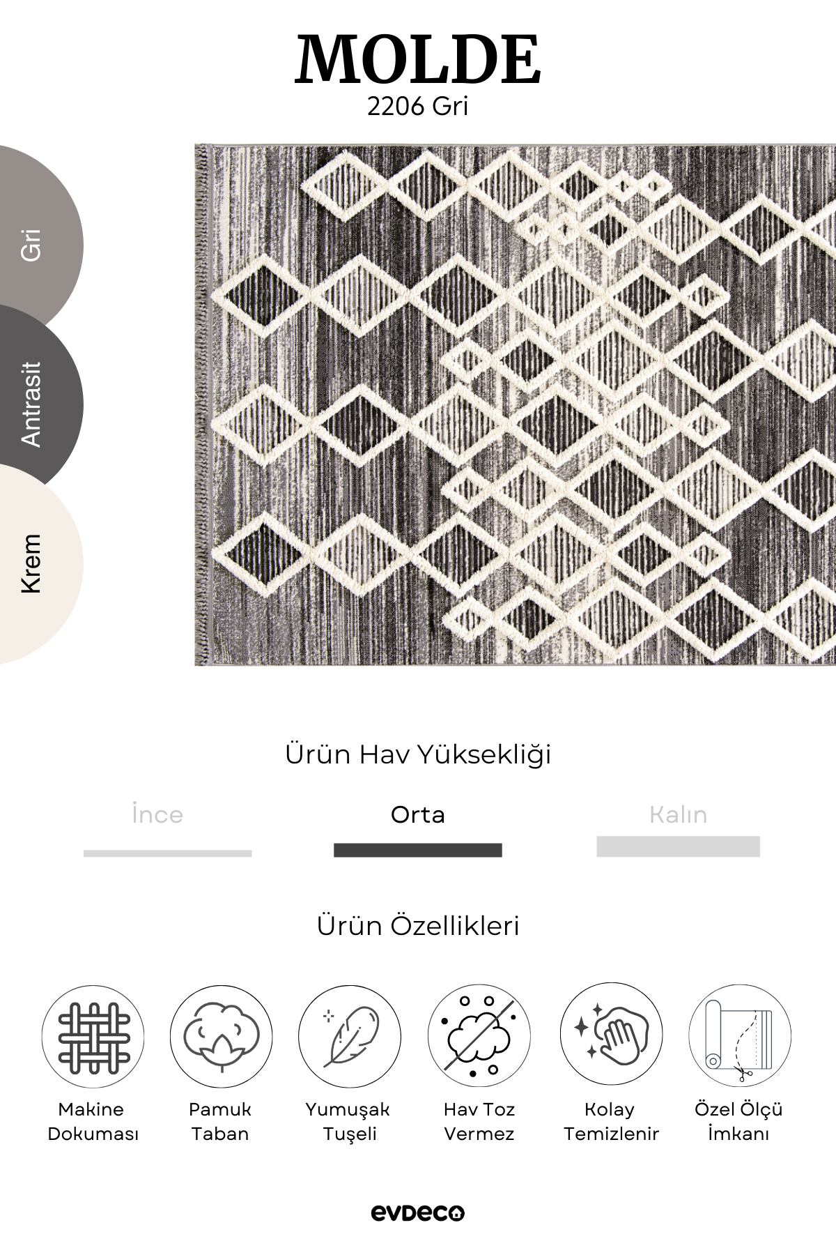 Seka Halı Molde 2206 Gri Etnik Desenli Modern Salon Halısı