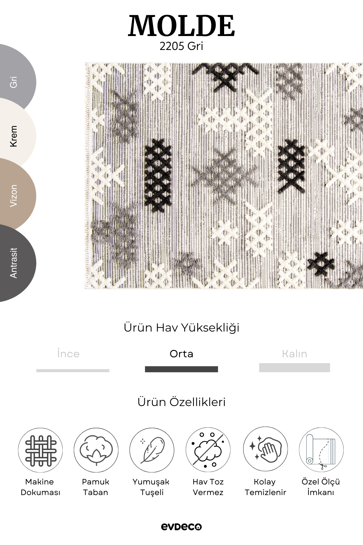 Seka Halı Molde 2205 Gri Etnik Desenli Modern Salon Halısı