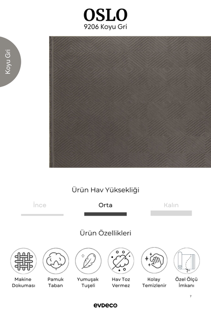 Evdeco Oslo 9206 Koyu Gri Yumuşak Tuşeli Modern Kesme Halı