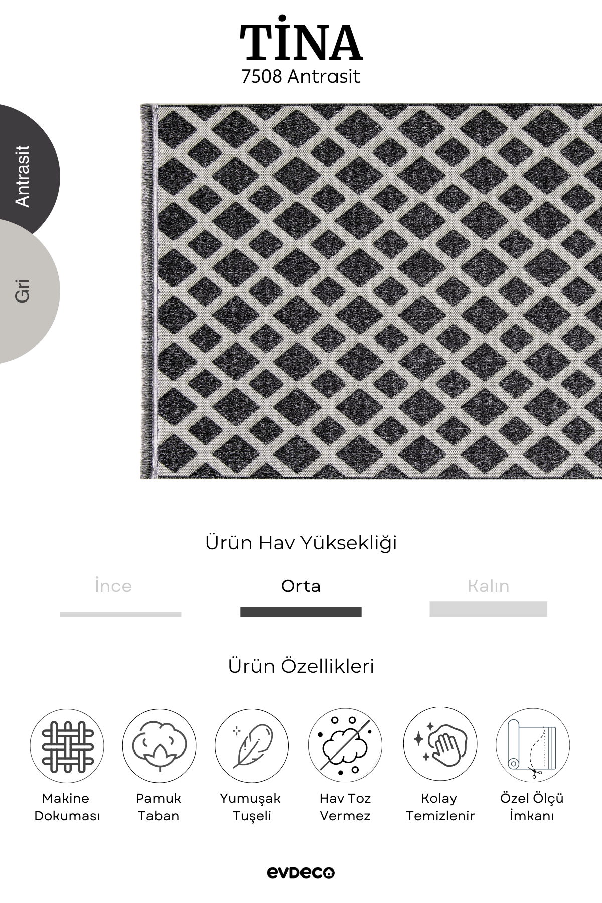 Seka Halı Tina 7508 Antrasit Yumuşak Tuşeli Kesme Halı