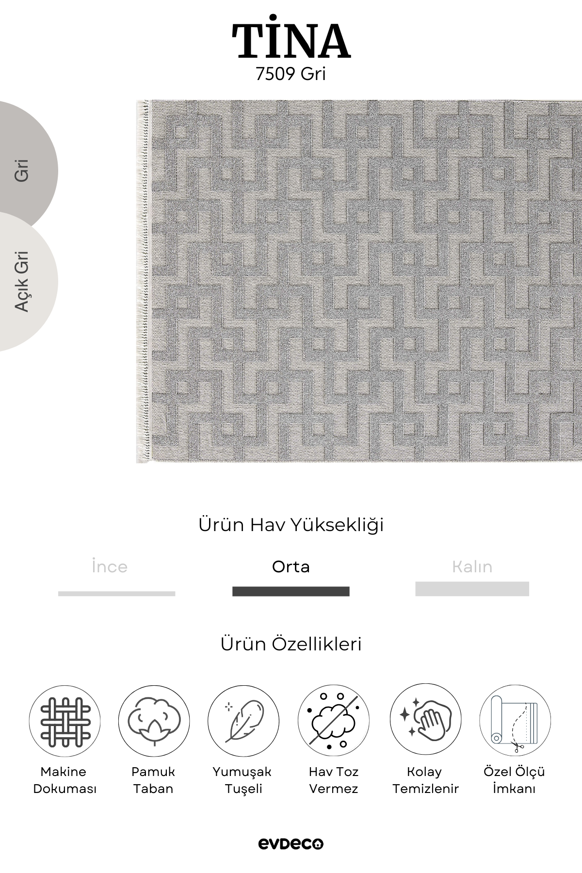 Seka Halı Tina 7509 Gri Yumuşak Tuşeli Kesme Halı