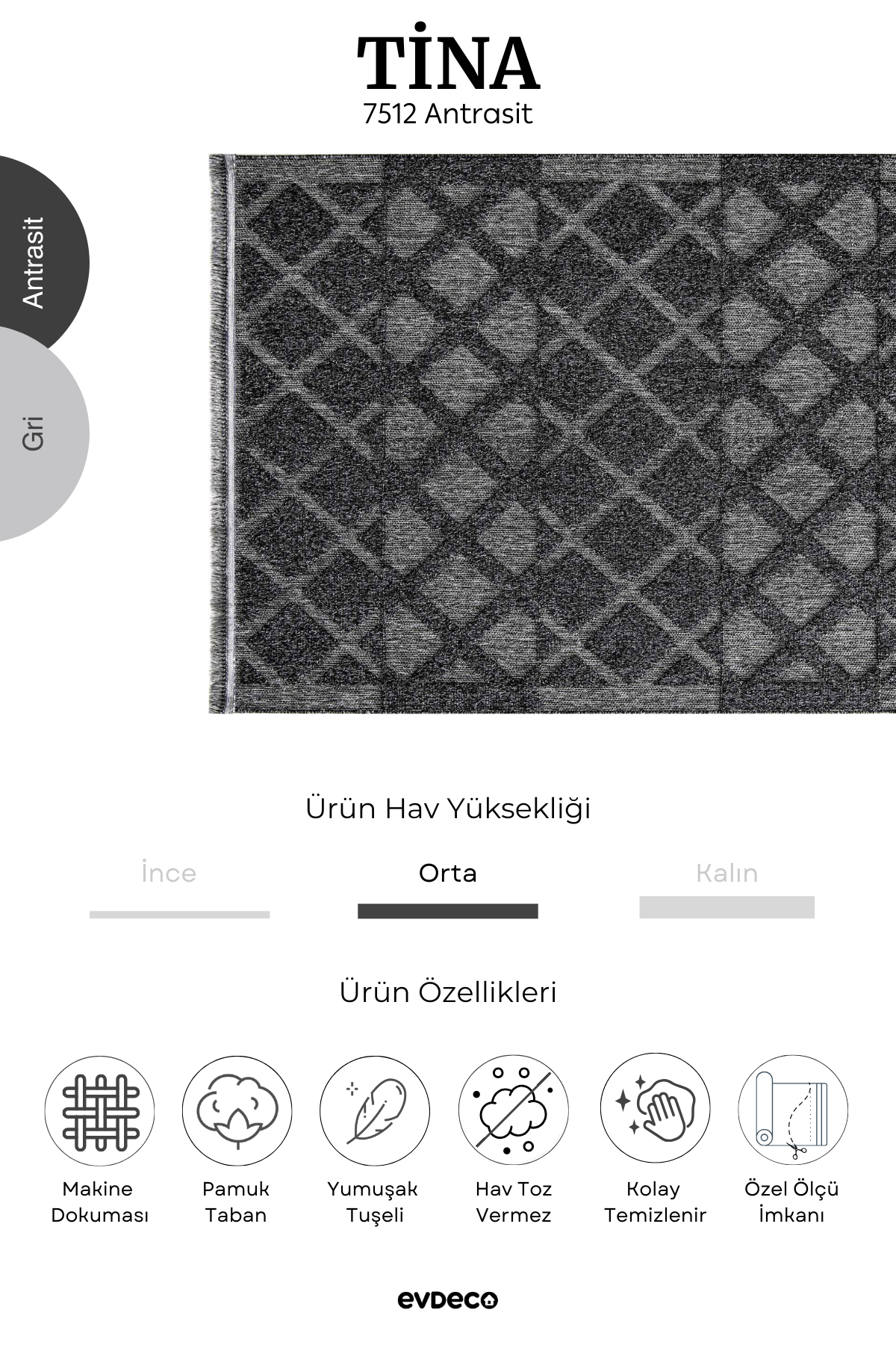 Seka Halı Tina 7512 Antrasit Yumuşak Tuşeli Kesme Halı