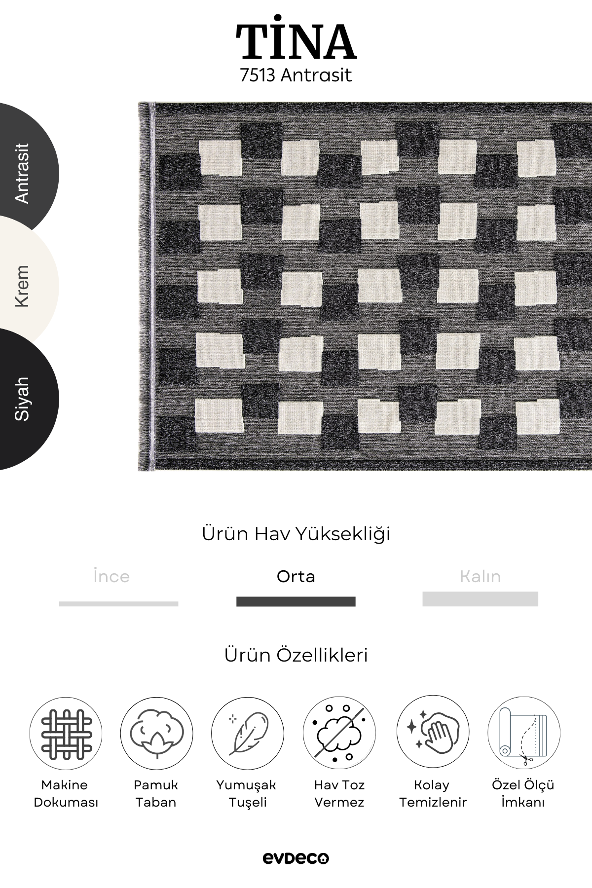 Seka Halı Tina 7513 Antrasit Yumuşak Tuşeli Kesme Halı