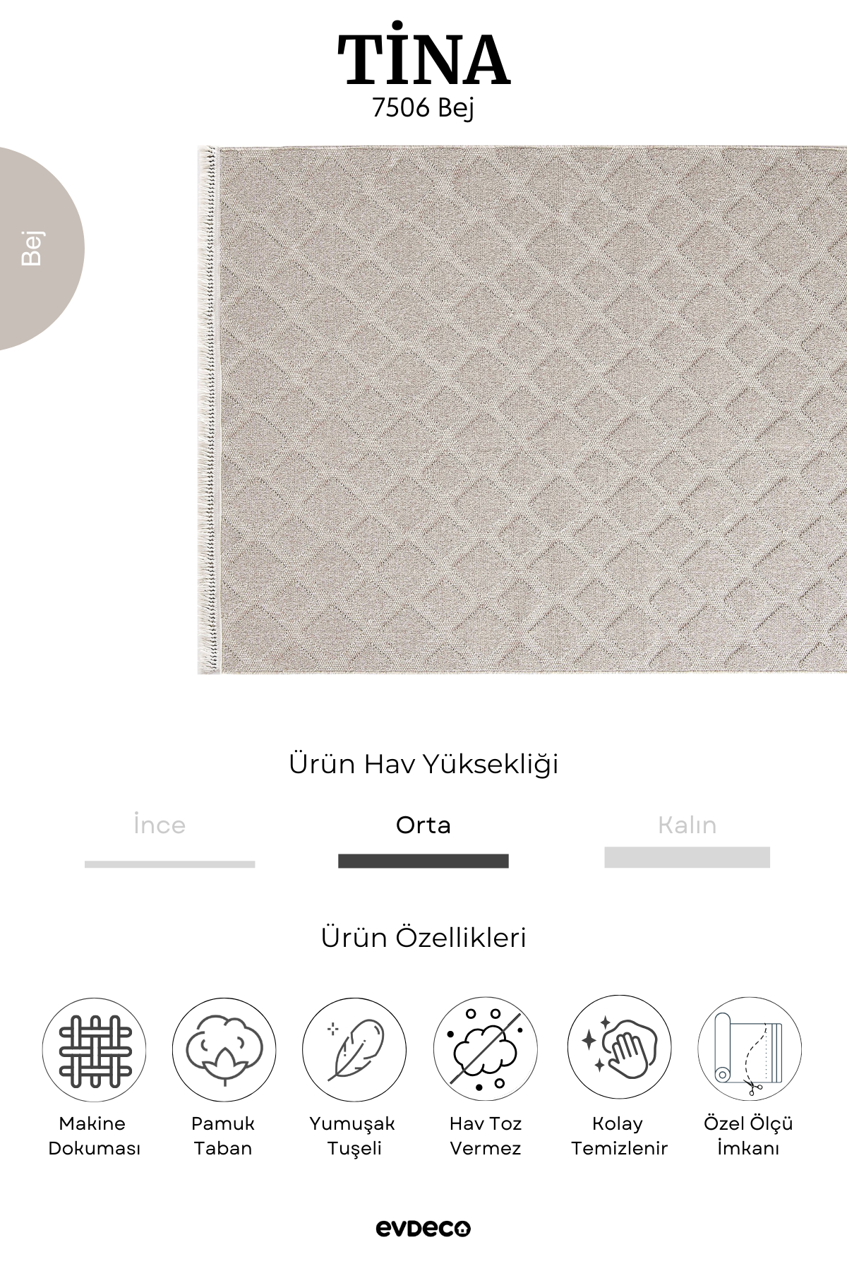 Seka Halı Tina 7506 Bej Yumuşak Tuşeli Kesme Halı