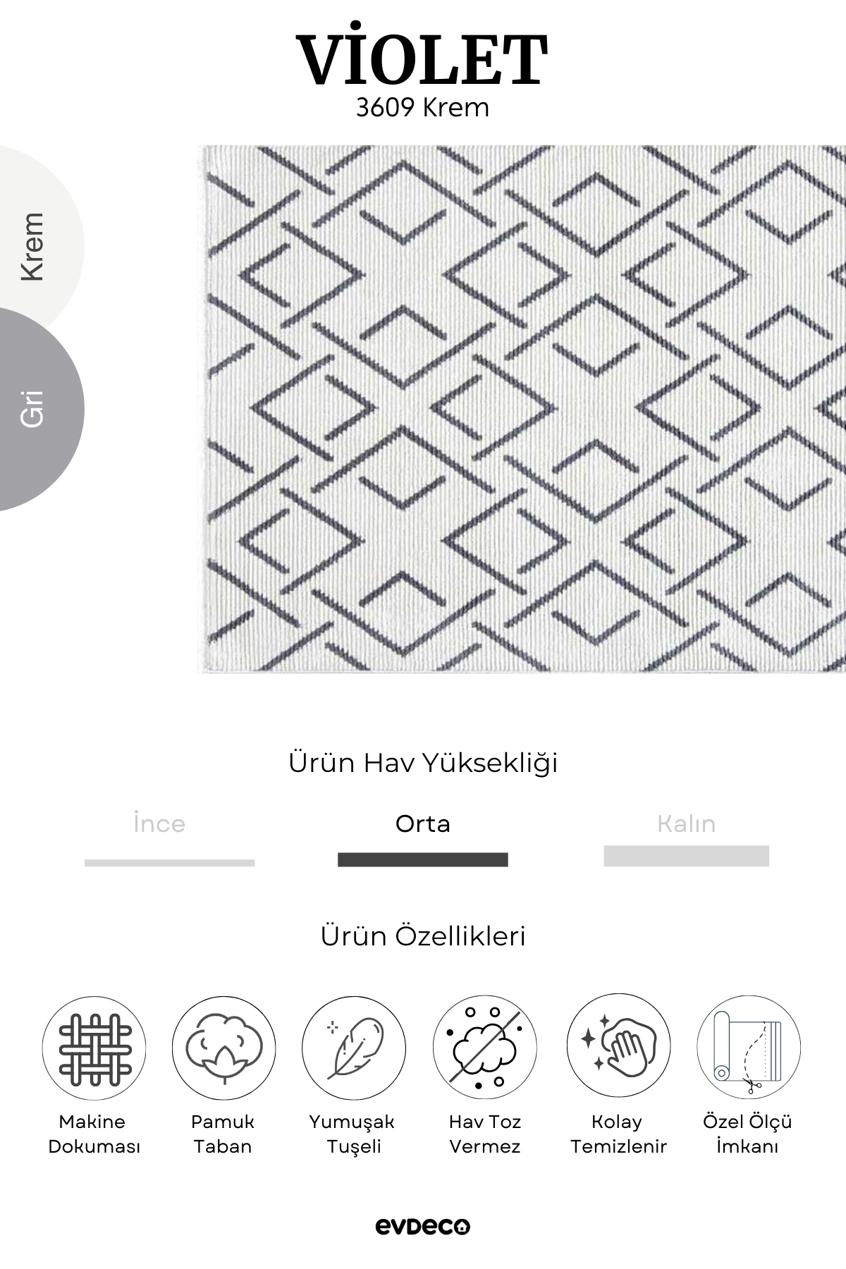 Seka Halı Violet 3609 Krem Yumuşak Dokulu Modern Salon Halısı